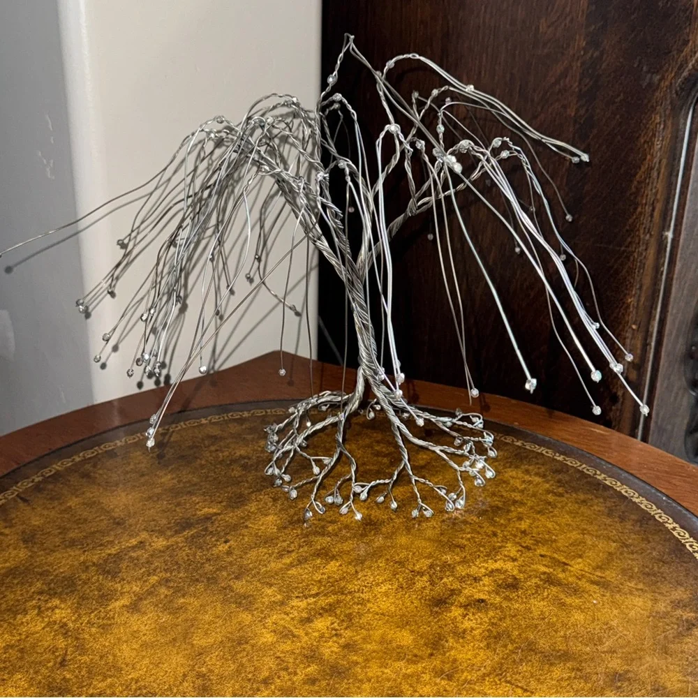 Silver Wire Tree Sculpture Beaded Weeping Willow Bonsai Tree Sculpture Cottage